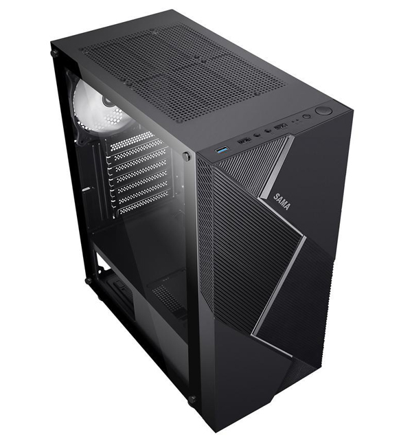A SAMA Line 3 ATX Mid Tower Computer Case is in a position to show the left side, top and front panel.